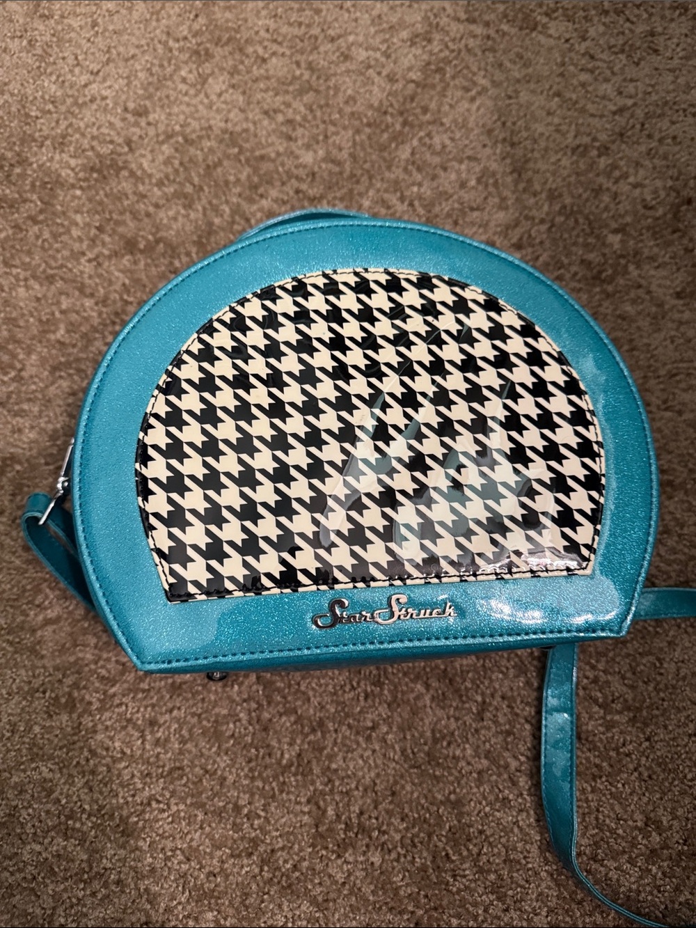 Teal Houndstooth Glitter Vintage Retro Crossbody Bag by Star Struck Clothing